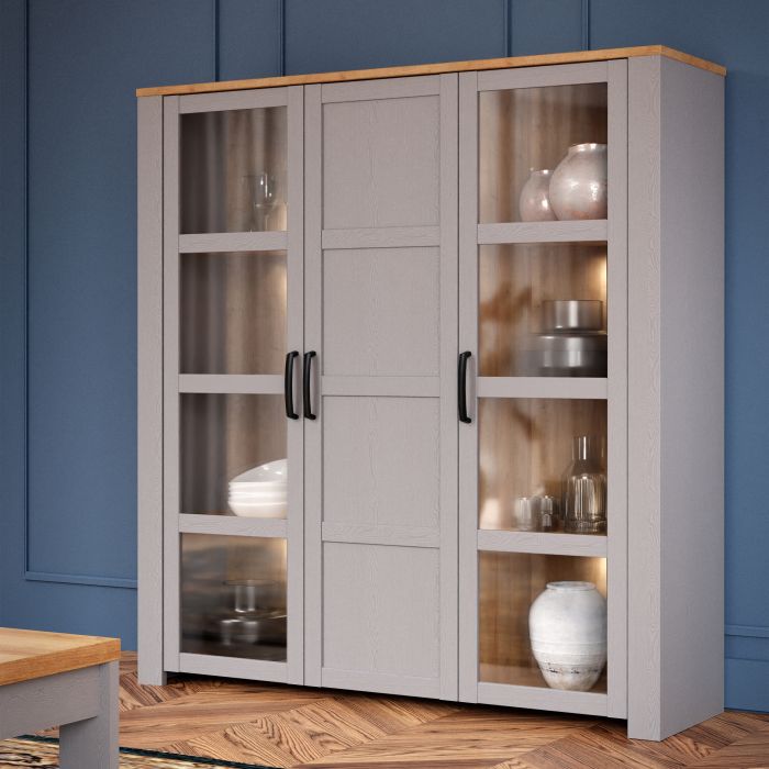 Bohol Large Display Cabinet with 3 Doors in Grey and Oak Finish