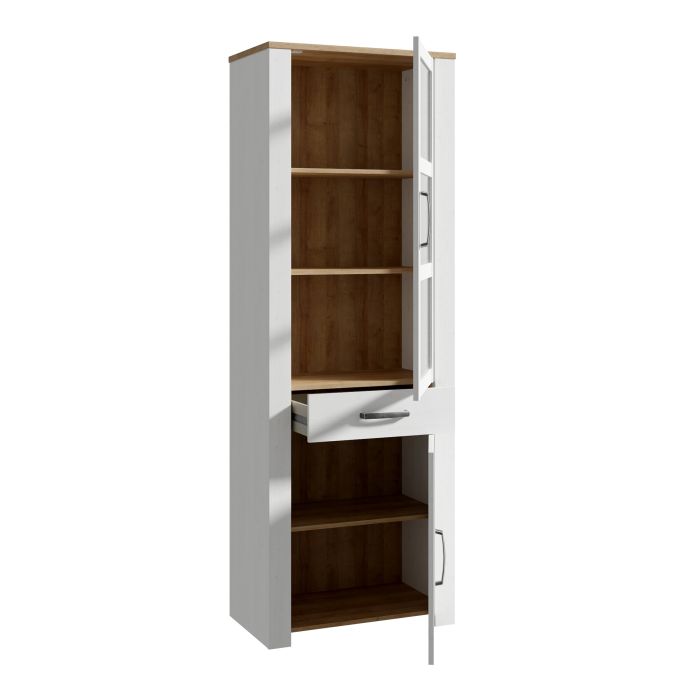 Bohol Narrow Display Cabinet with 2 Doors and 1 Drawer in White and Oak Finish
