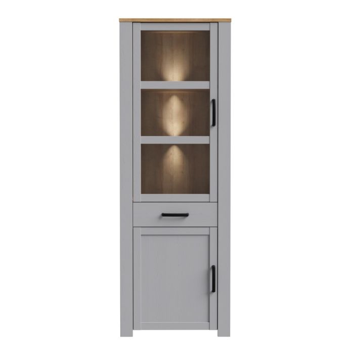 Bohol Narrow Display Cabinet with LED Lighting in Grey and Riviera Oak Finish