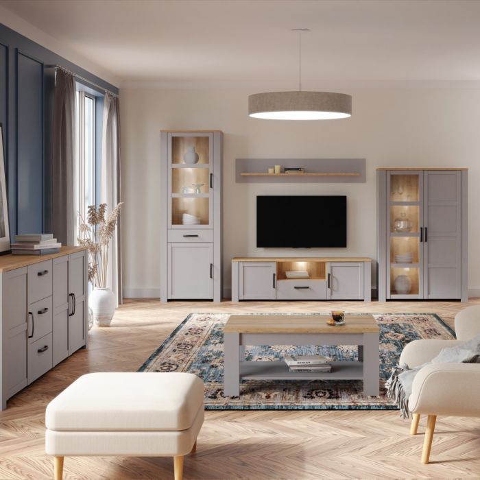 Bohol Narrow Display Cabinet with LED Lighting in Grey and Riviera Oak Finish