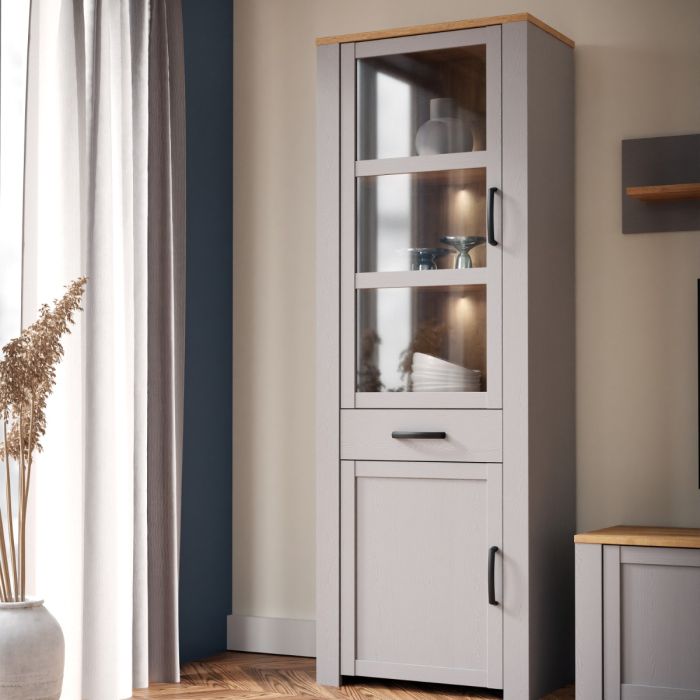 Bohol Narrow Display Cabinet with LED Lighting in Grey and Riviera Oak Finish