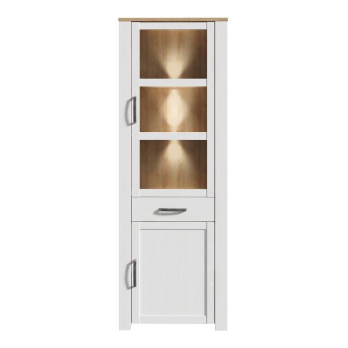 Bohol Narrow Display Cabinet with LED Lighting in White and Riviera Oak Finish