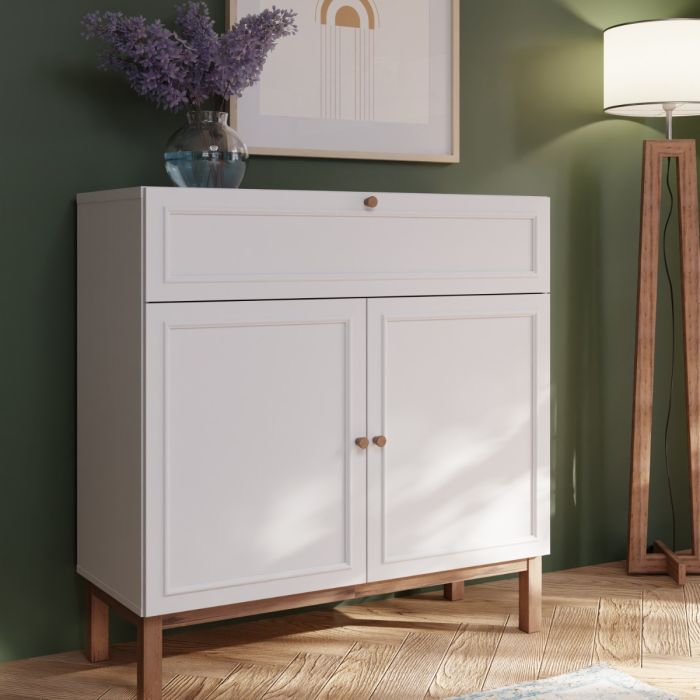 Wensley Console Table with 2 Doors & 1 Drawer in Light Grey and Oak – Modern Hallway Storage