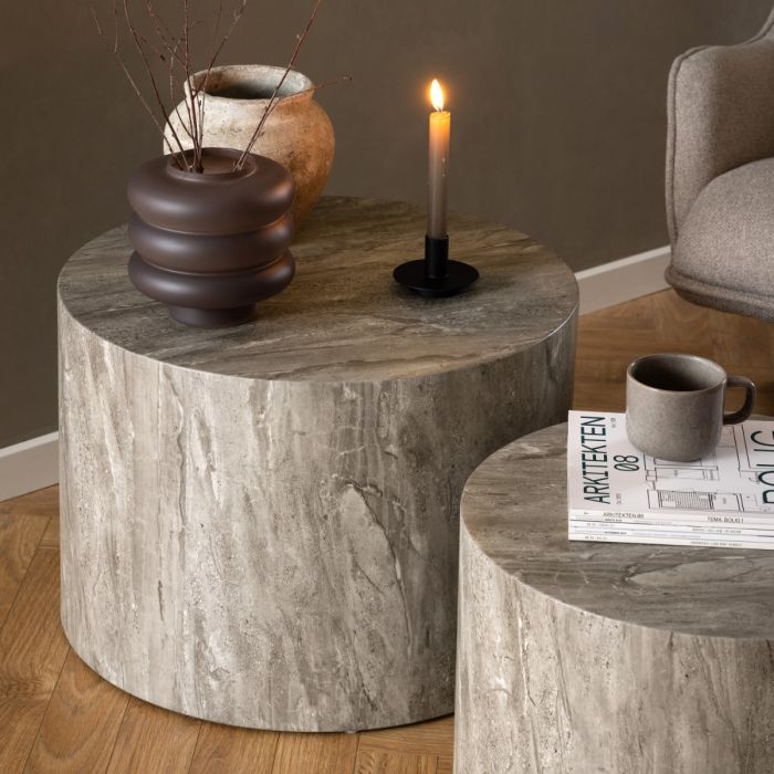 Dice Round Coffee Table Set in Grey Marble Effect Finish
