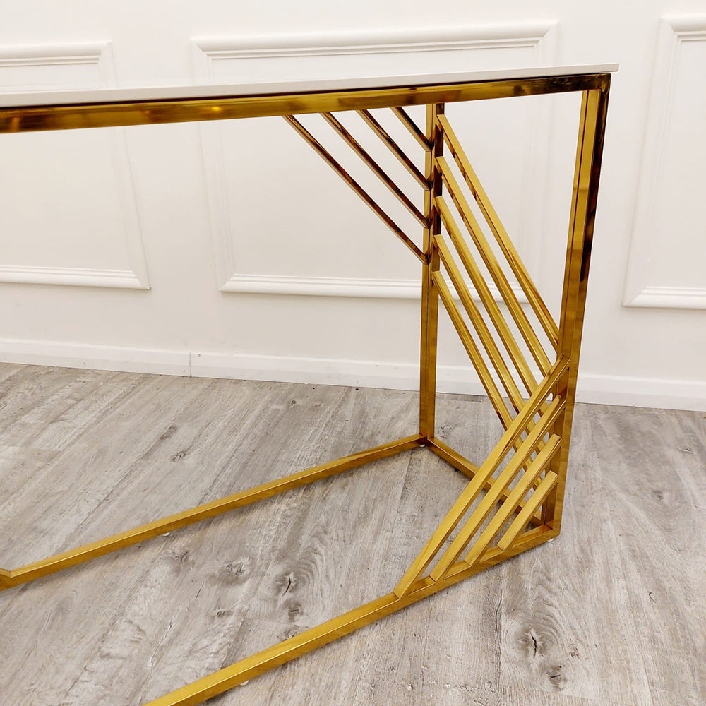 Azure Gold Console Table with Polar White Sintered Stone Top – Elegant Modern Luxury