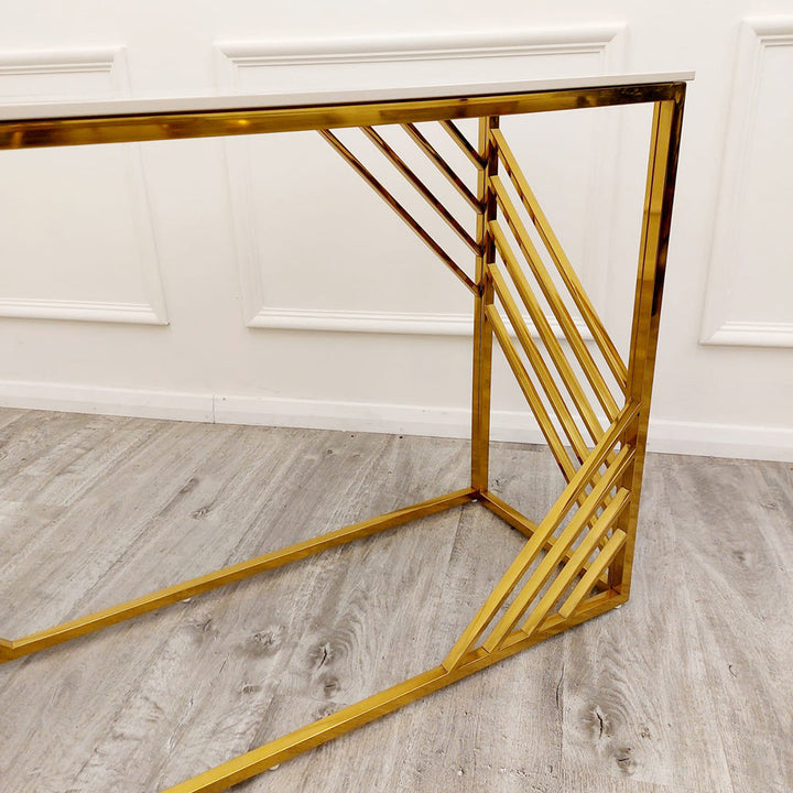 Azure Gold Console Table with Polar White Sintered Stone Top – Elegant Modern Luxury