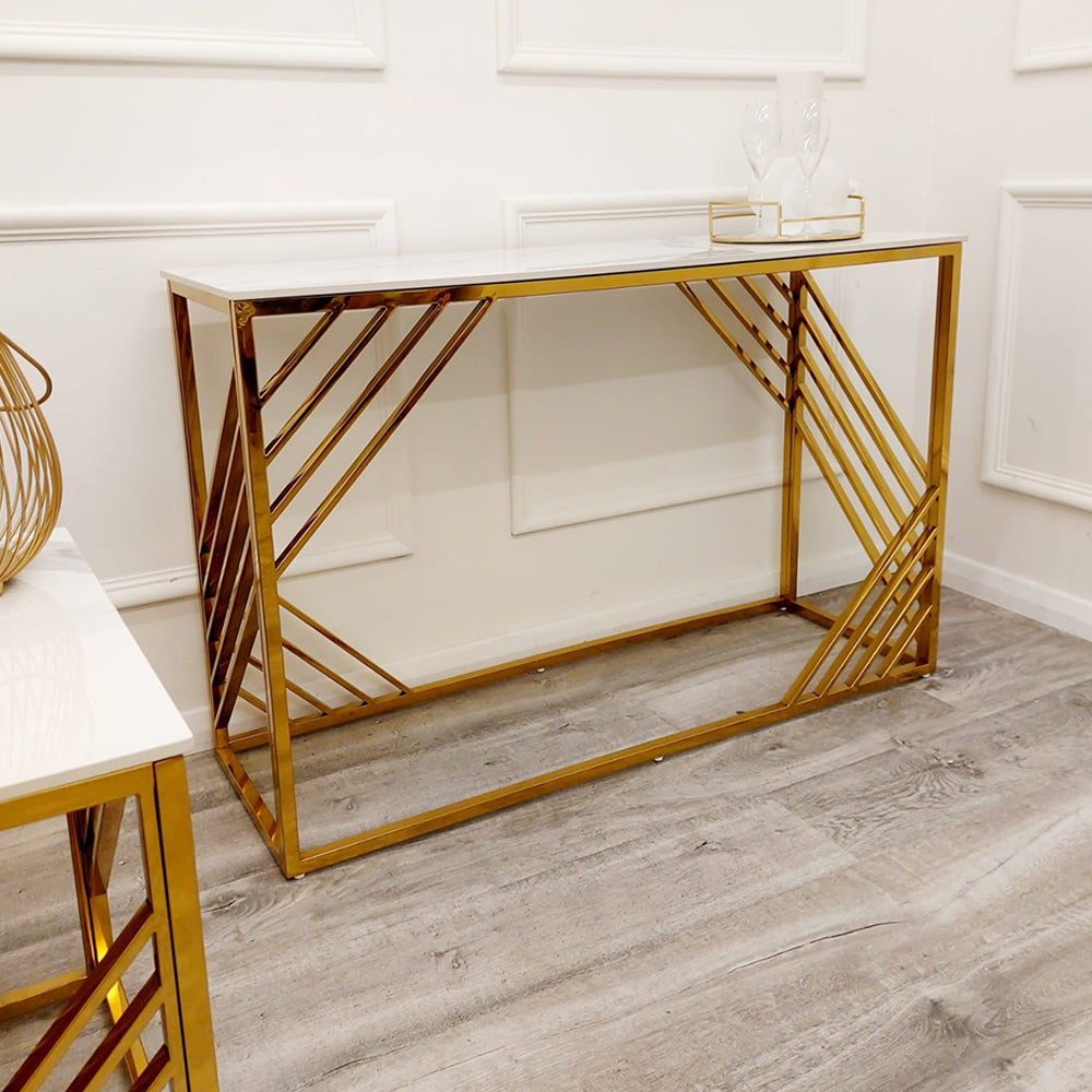 Azure Gold Console Table with Polar White Sintered Stone Top – Elegant Modern Luxury