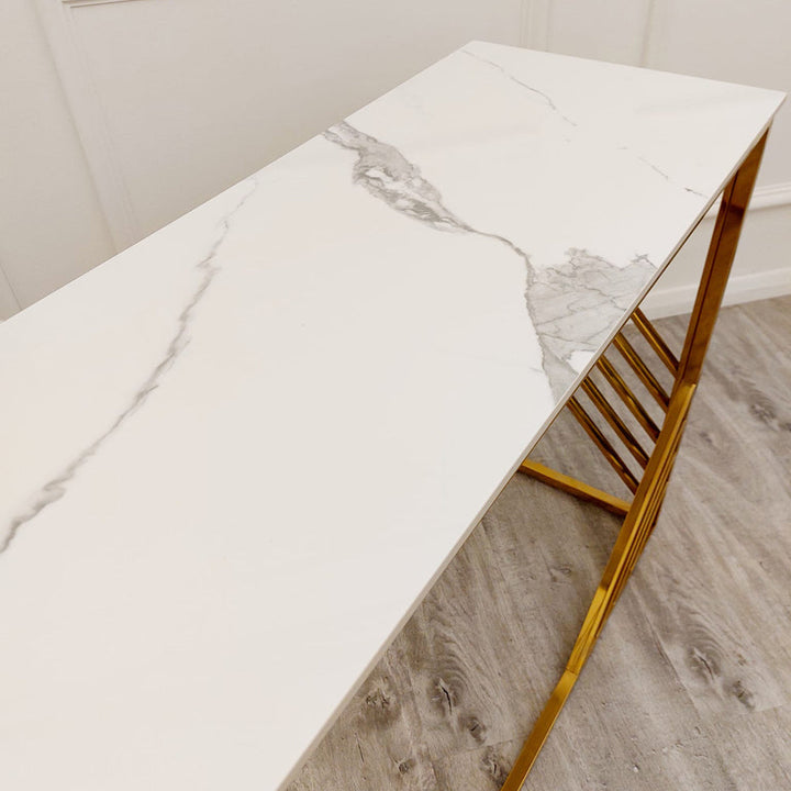 Azure Gold Console Table with Polar White Sintered Stone Top – Elegant Modern Luxury