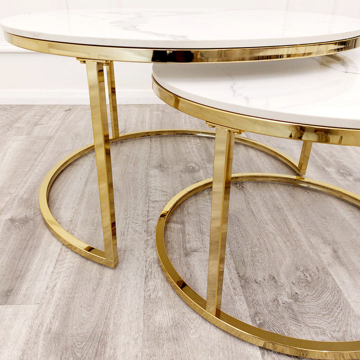 Cato Nest of 2 Gold Round Coffee Tables with Polar White Sintered Stone Tops