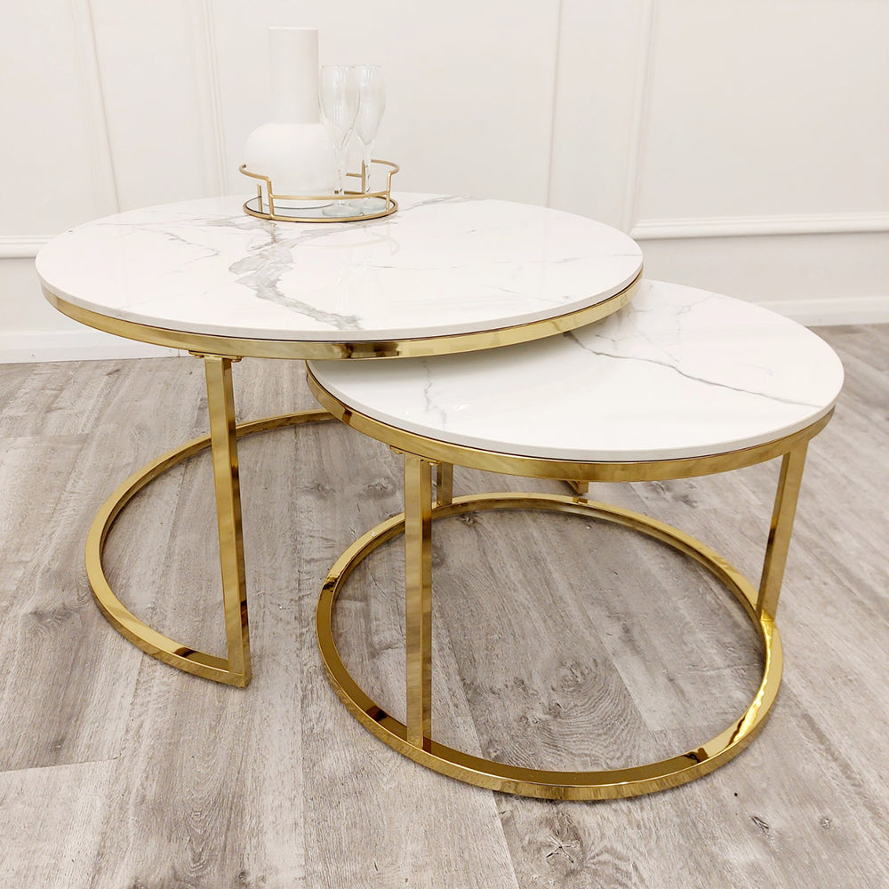 Cato Nest of 2 Gold Round Coffee Tables with Polar White Sintered Stone Tops