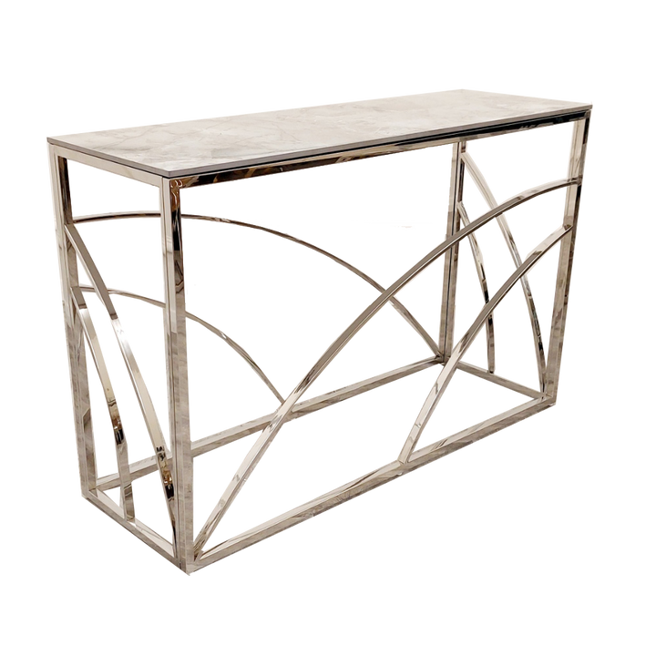 Stella Chrome Console Table with Stomach Ash Grey Sintered Stone Top – Contemporary Luxury Console