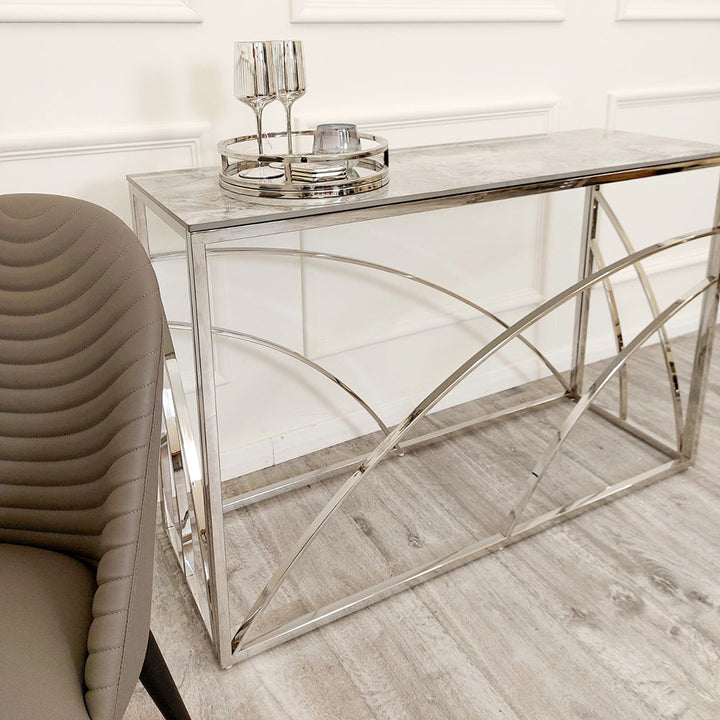 Stella Chrome Console Table with Stomach Ash Grey Sintered Stone Top – Contemporary Luxury Console