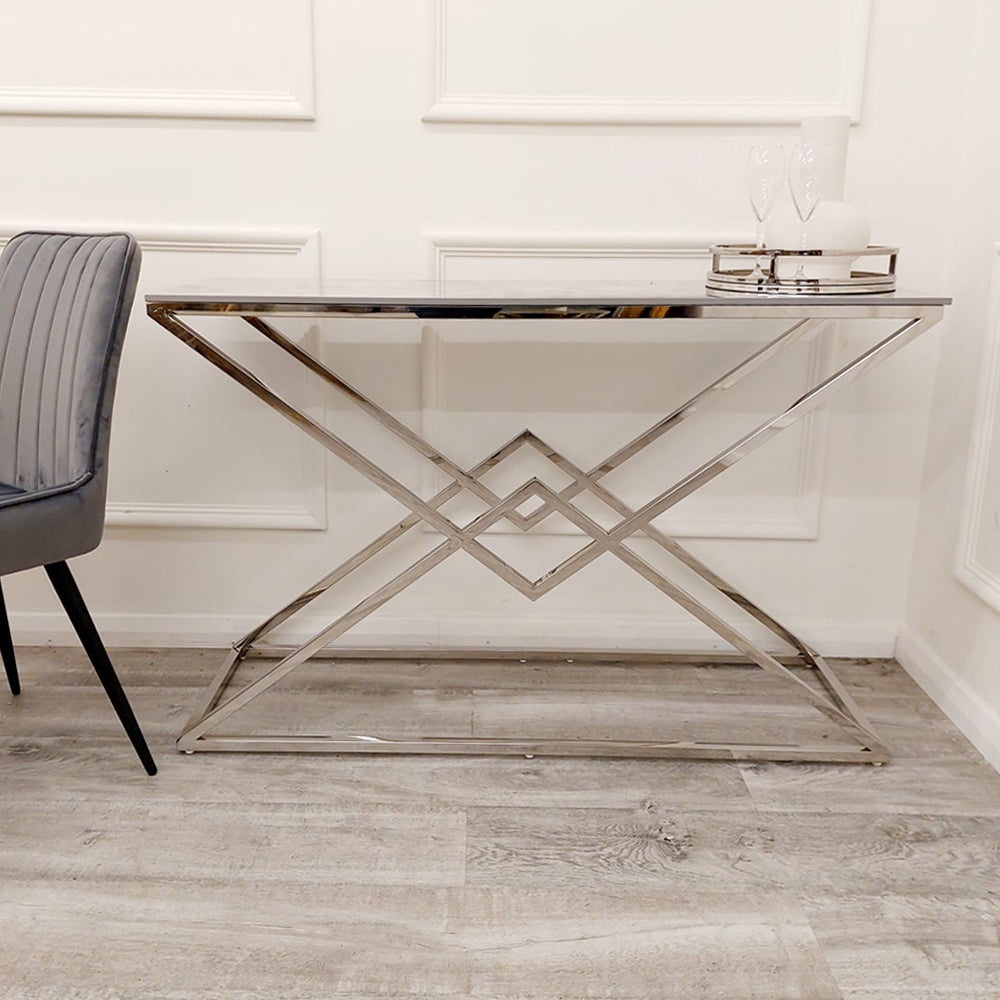 Vesta Chrome Console Table with Stomach Ash Sintered Stone Top – Modern Luxury Hallway Table