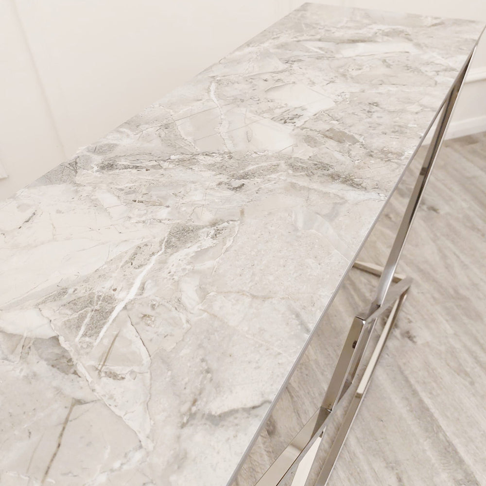 Vesta Chrome Console Table with Stomach Ash Sintered Stone Top – Modern Luxury Hallway Table