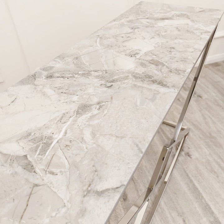 Vesta Chrome Console Table with Stomach Ash Sintered Stone Top – Modern Luxury Hallway Table