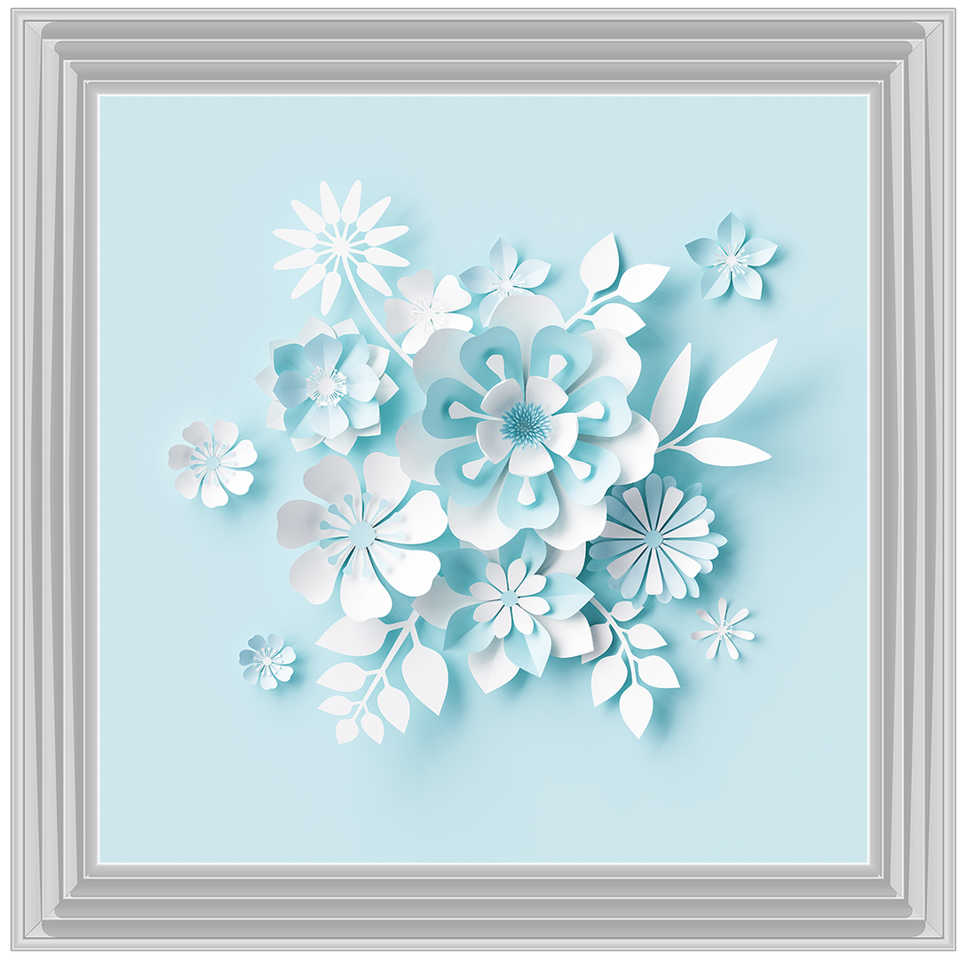 FL008 3D white paper flowers on blue background