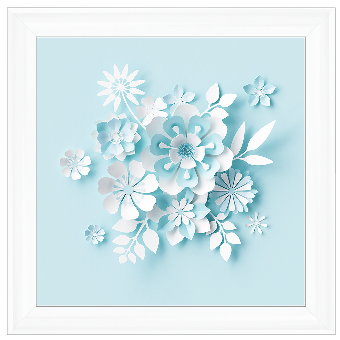 FL008 3D white paper flowers on blue background