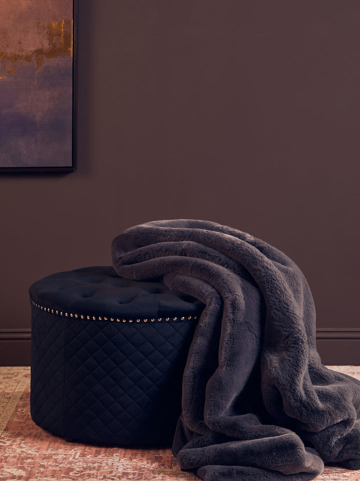 Zamora Round Black Velvet Ottoman