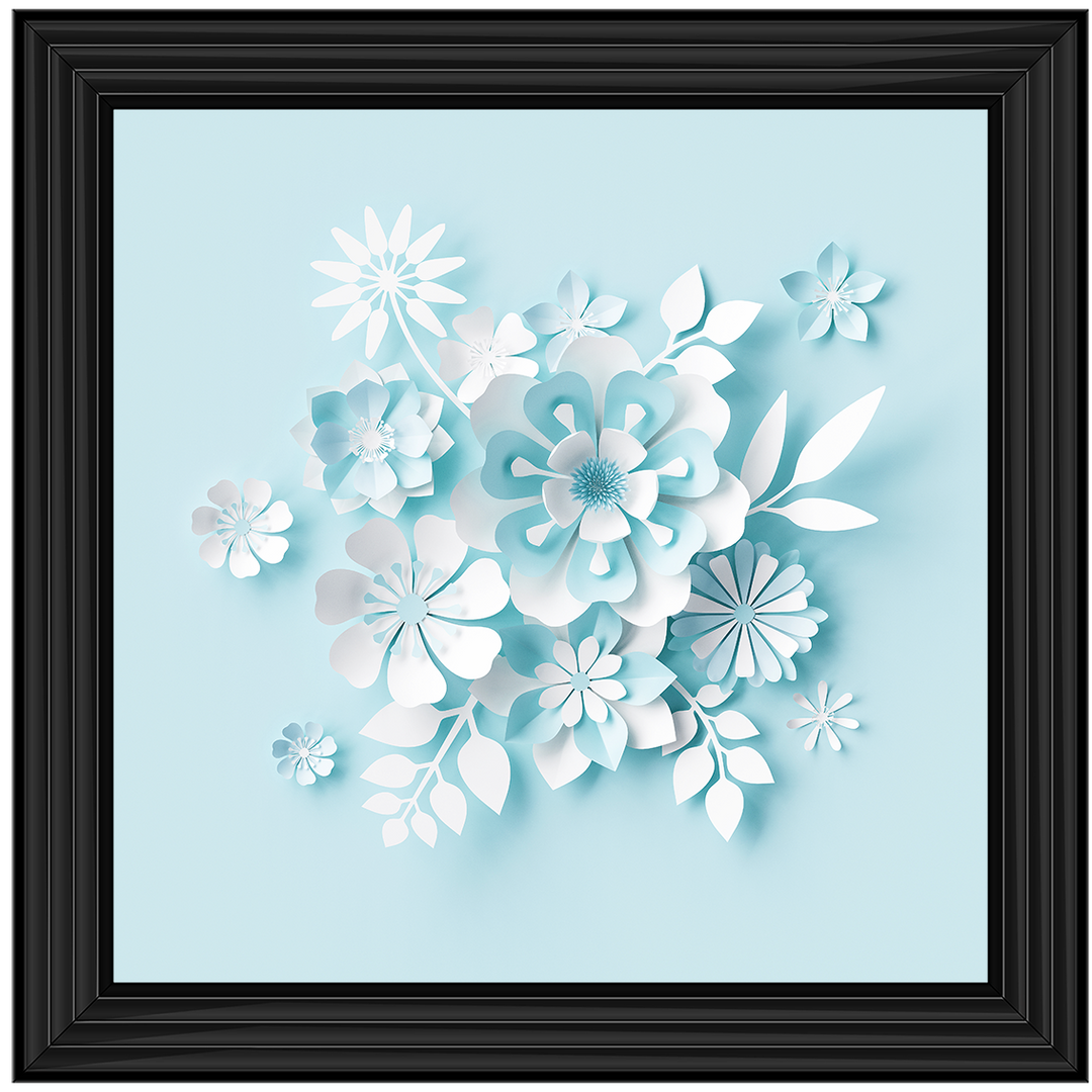 FL008 3D white paper flowers on blue background