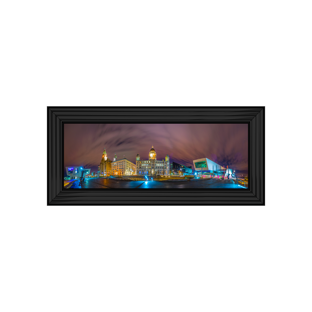 CY040 Night panorama of Three Graces and the museum of Liverpool