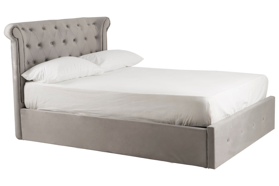 Edison Ottoman Double Bed in Grey Velvet Upholstery