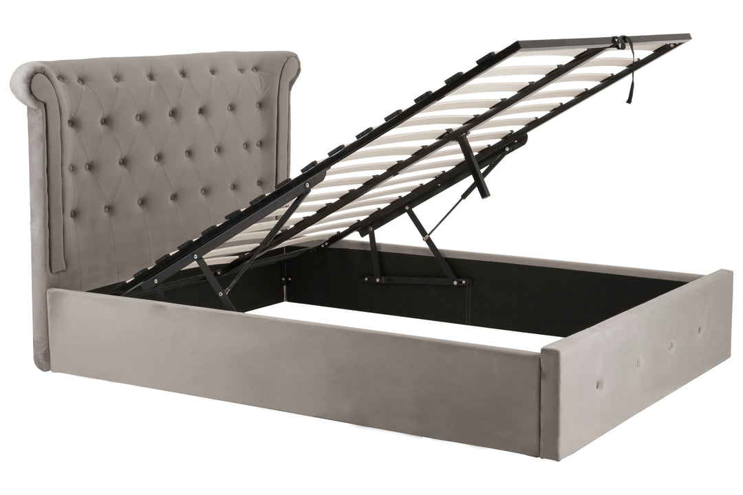 Edison Ottoman Double Bed in Grey Velvet Upholstery
