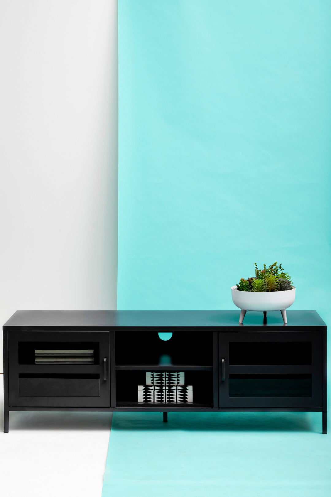 Acier Media Unit in Black Metal with 2 Doors