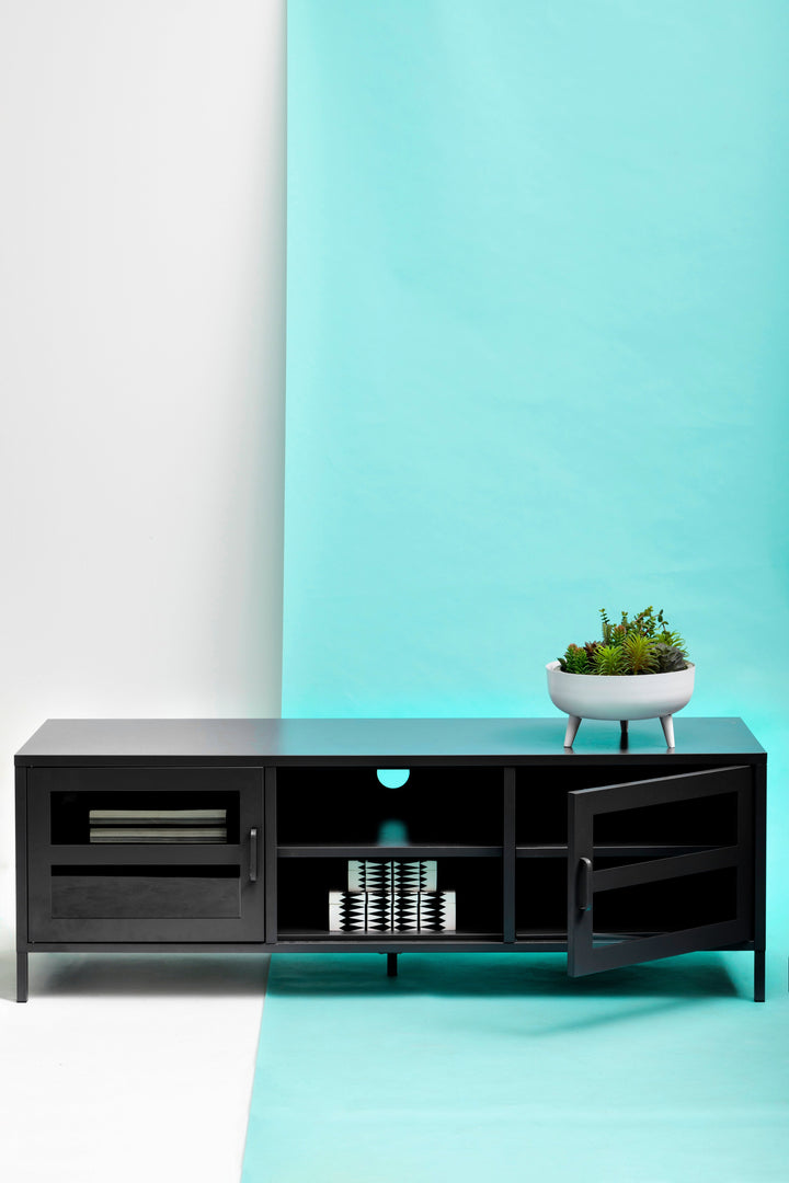 Acier Media Unit in Black Metal with 2 Doors