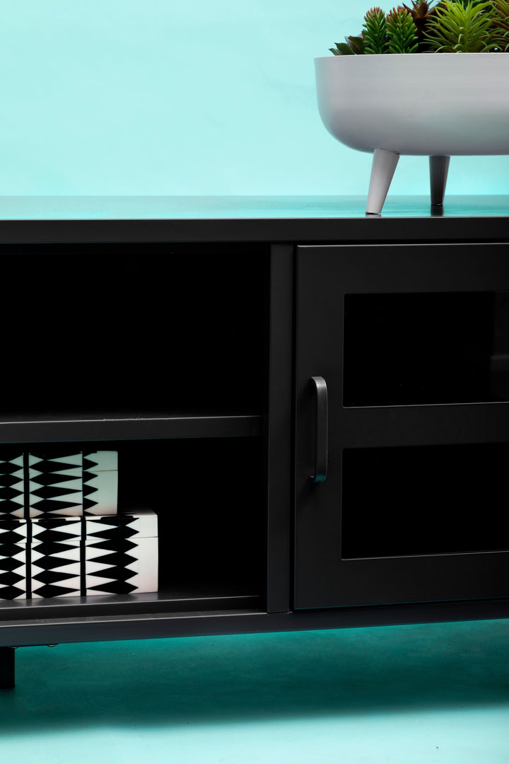 Acier Media Unit in Black Metal with 2 Doors