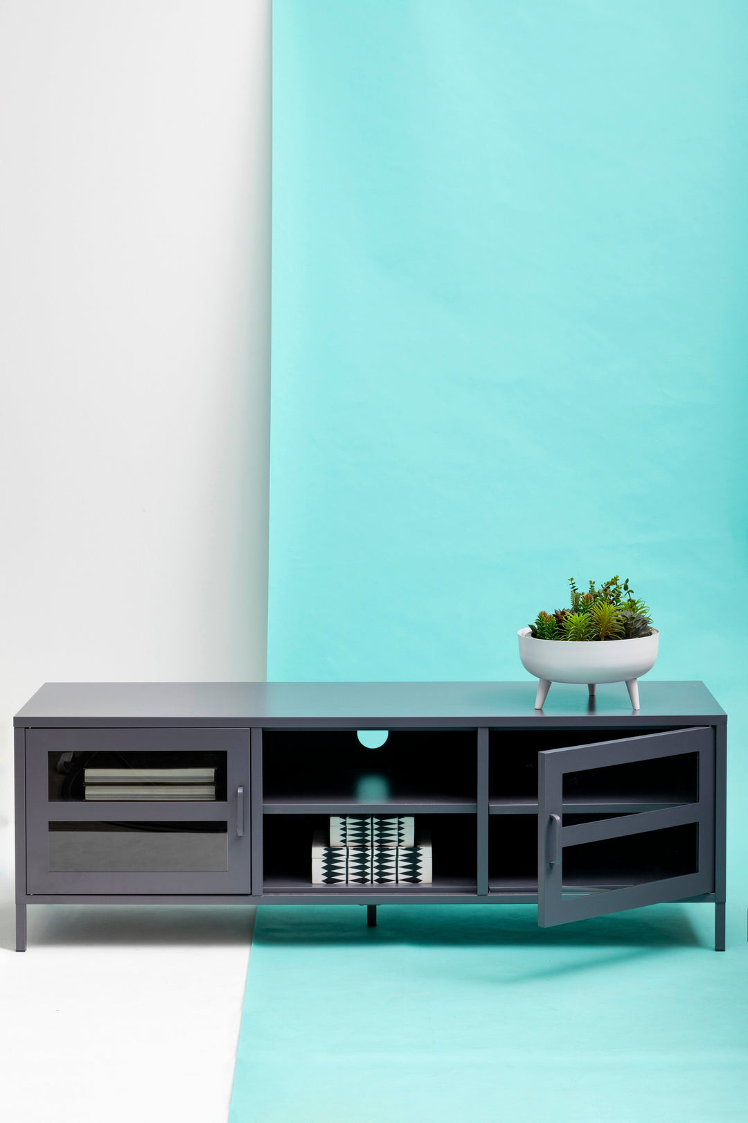Acier Media Unit in Grey Metal with 2 Doors