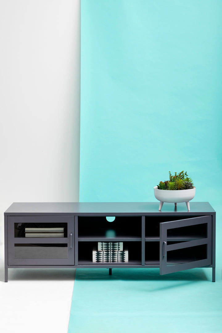 Acier Media Unit in Grey Metal with 2 Doors