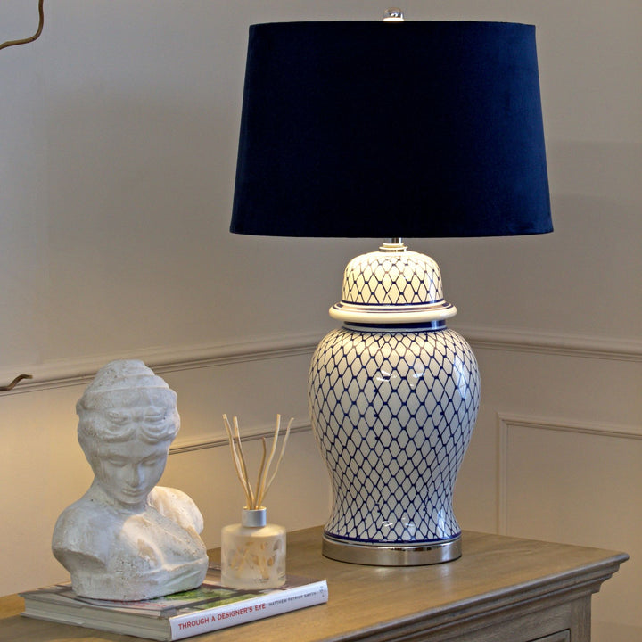 Malabar Blue & White Ceramic Table Lamp with Velvet Shade