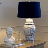 Malabar Blue & White Ceramic Table Lamp with Velvet Shade
