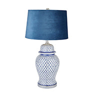 Malabar Blue & White Ceramic Table Lamp with Velvet Shade