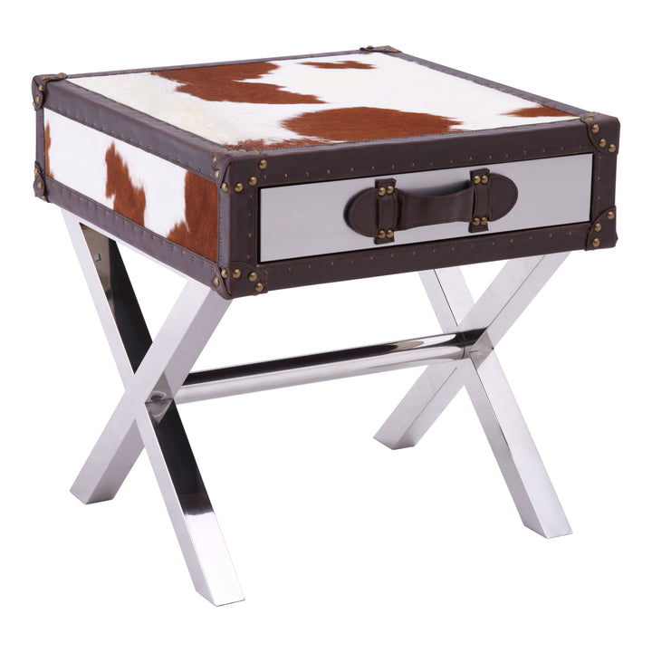 Kensington Townhouse Table with Brown and White Genuine Cowhide and Single Drawer