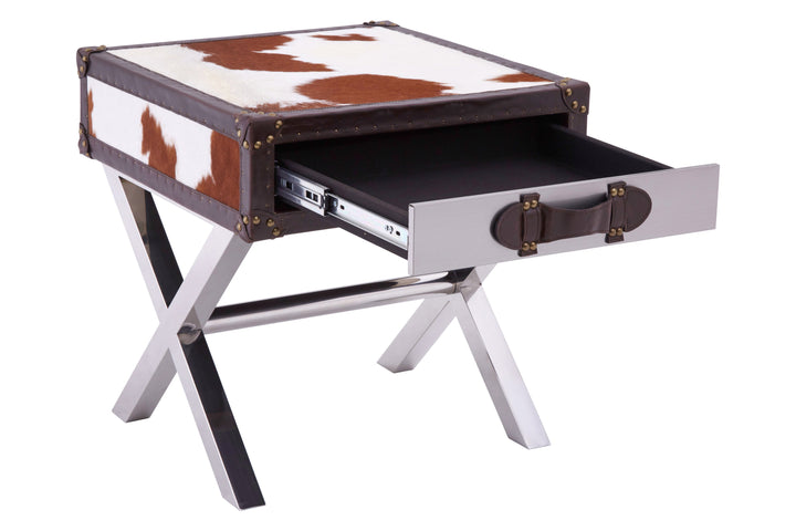 Kensington Townhouse Table with Brown and White Genuine Cowhide and Single Drawer