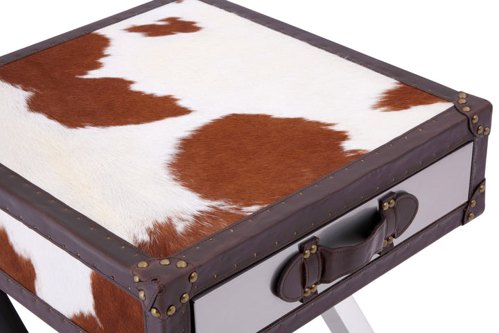 Kensington Townhouse Table with Brown and White Genuine Cowhide and Single Drawer