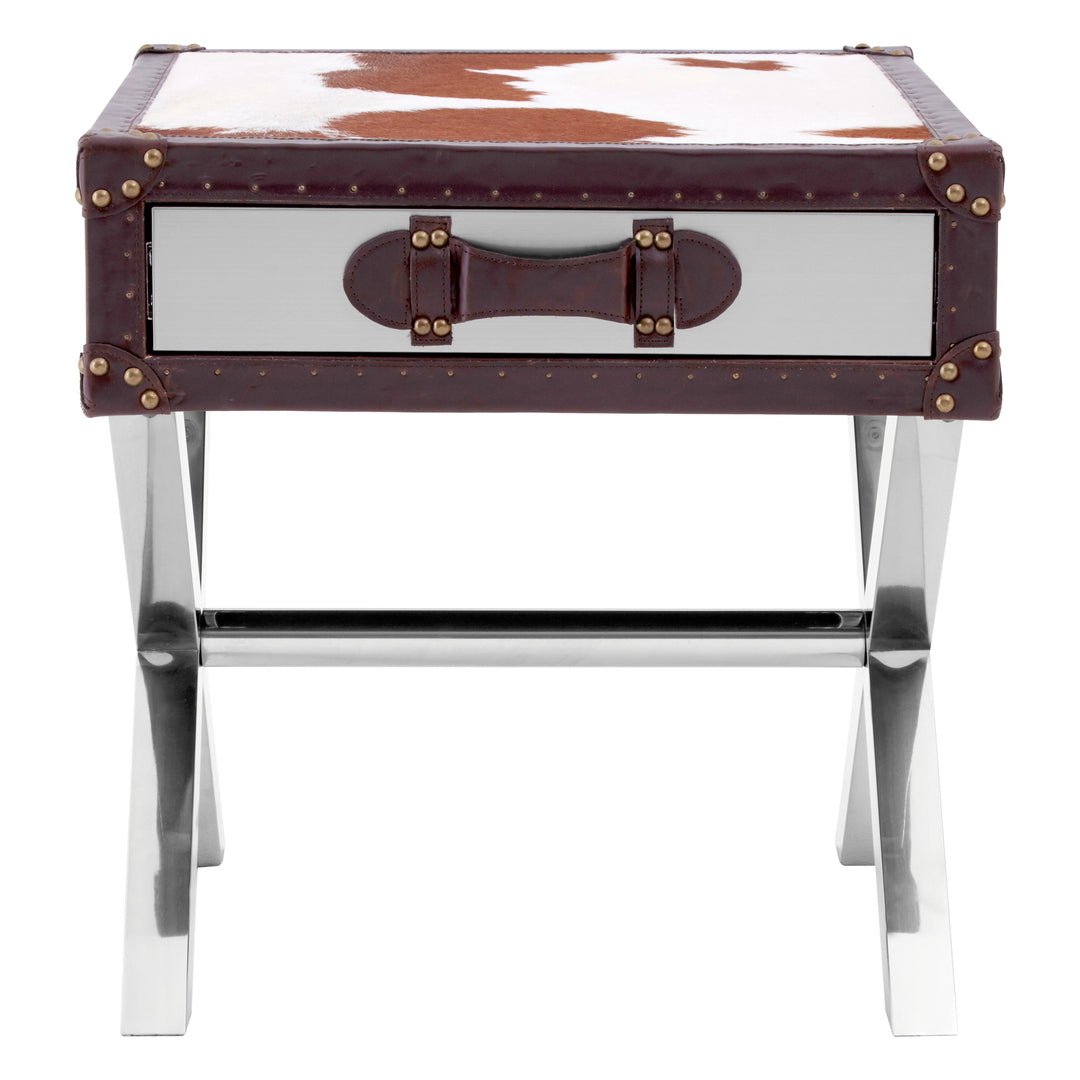 Kensington Townhouse Table with Brown and White Genuine Cowhide and Single Drawer
