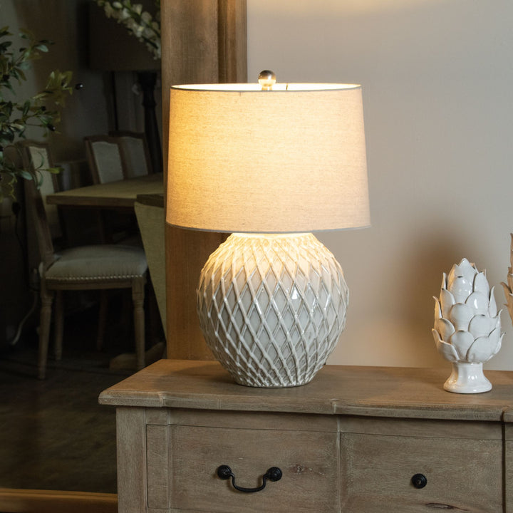 Artisanal Glow: Lattice Ceramic Lamp with Linen Shade