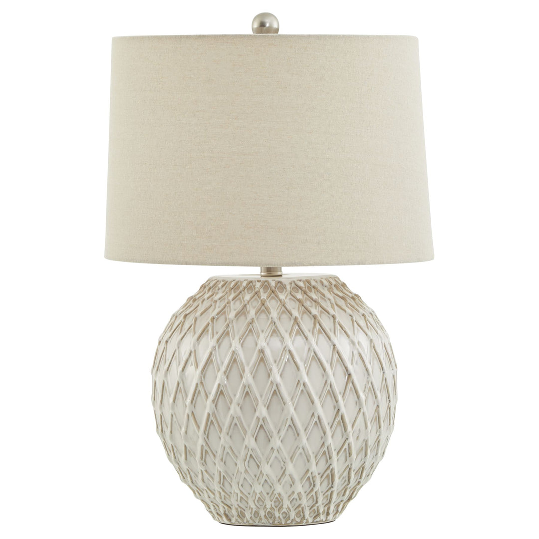Artisanal Glow: Lattice Ceramic Lamp with Linen Shade