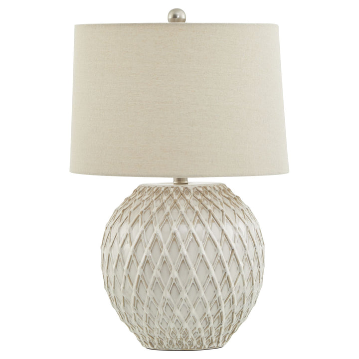 Artisanal Glow: Lattice Ceramic Lamp with Linen Shade