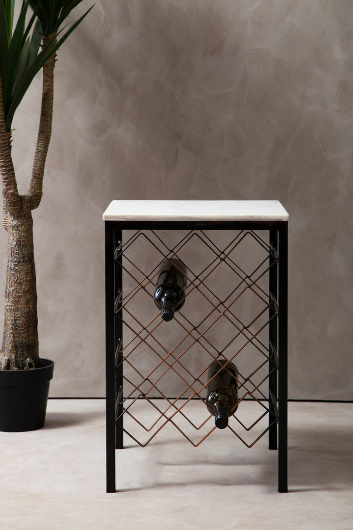 Neroli Wine Rack Table – White Marble & Iron