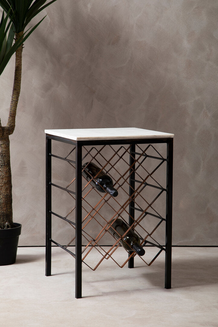 Neroli Wine Rack Table – White Marble & Iron