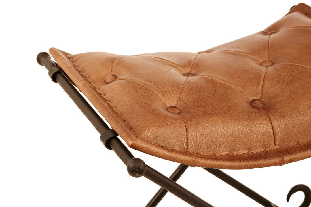 Solace Brown Leather & Iron Folding Stool