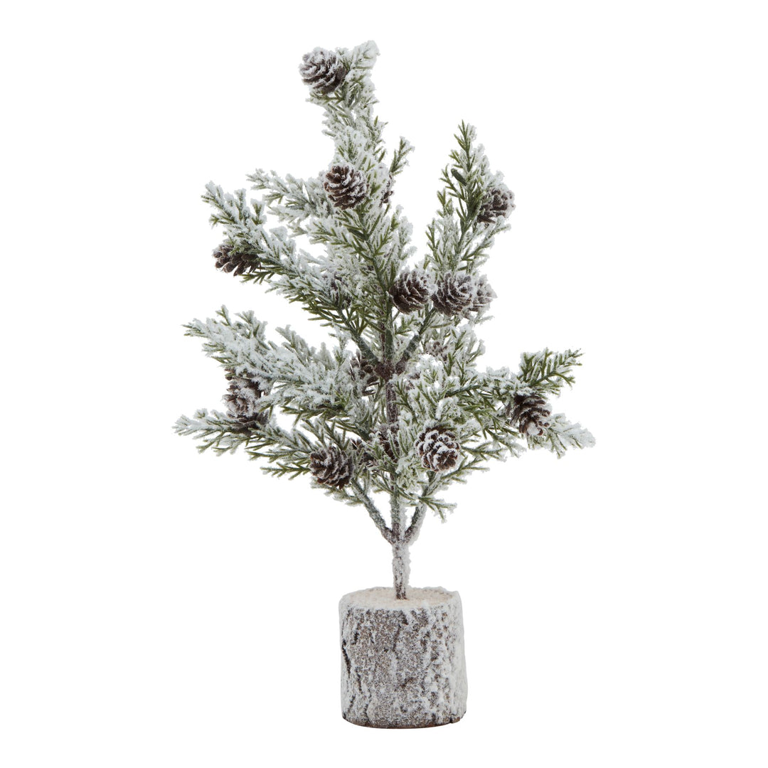 Small-Snowy-Fir-Tree-With-Pinecones-In-Wood-Log