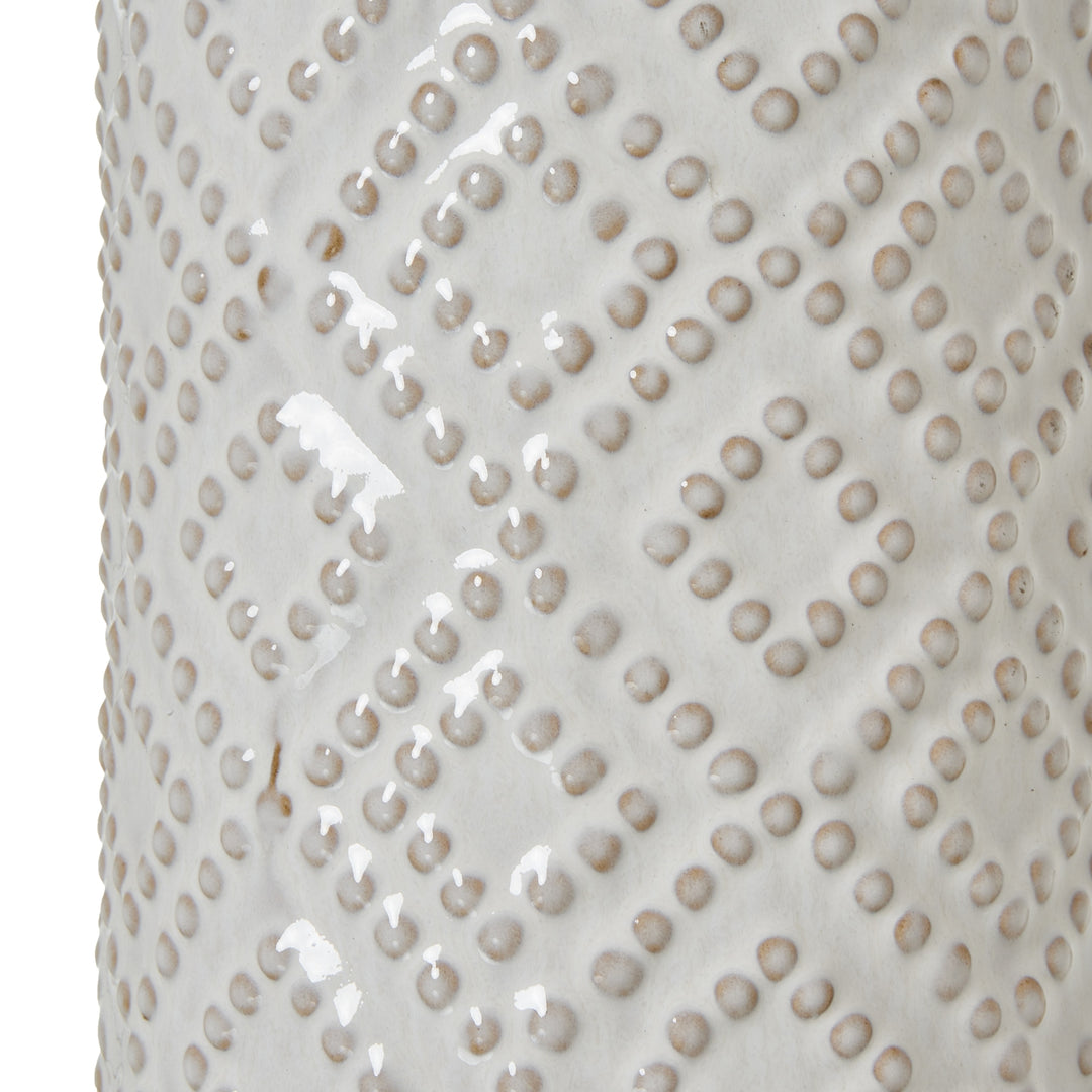 Textured & Timeless: White Beaded Ceramic Lamp & Linen Shade