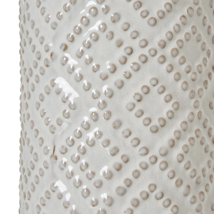 Textured & Timeless: White Beaded Ceramic Lamp & Linen Shade
