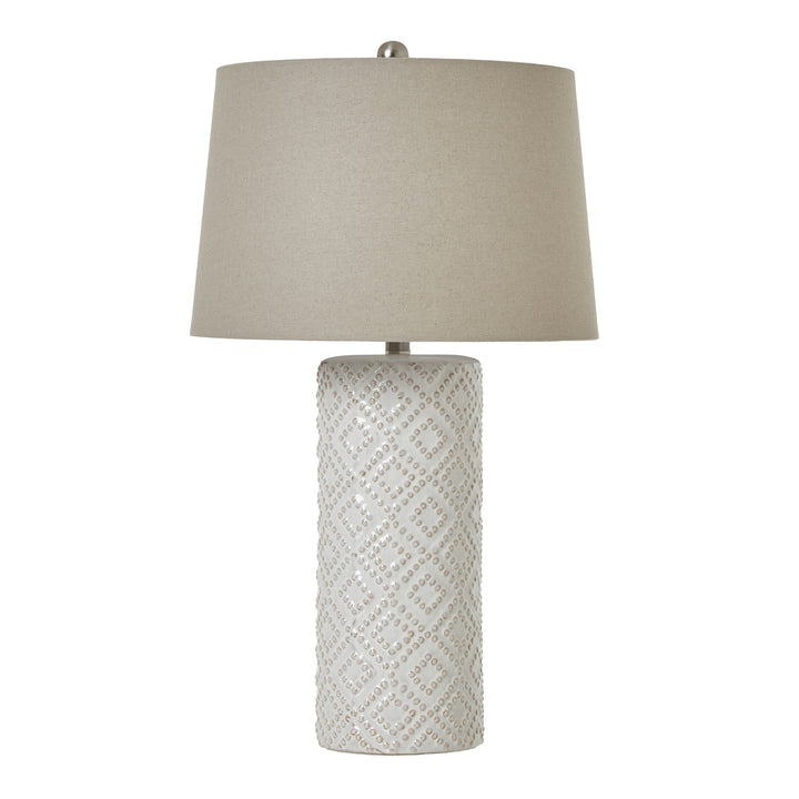 Textured & Timeless: White Beaded Ceramic Lamp & Linen Shade