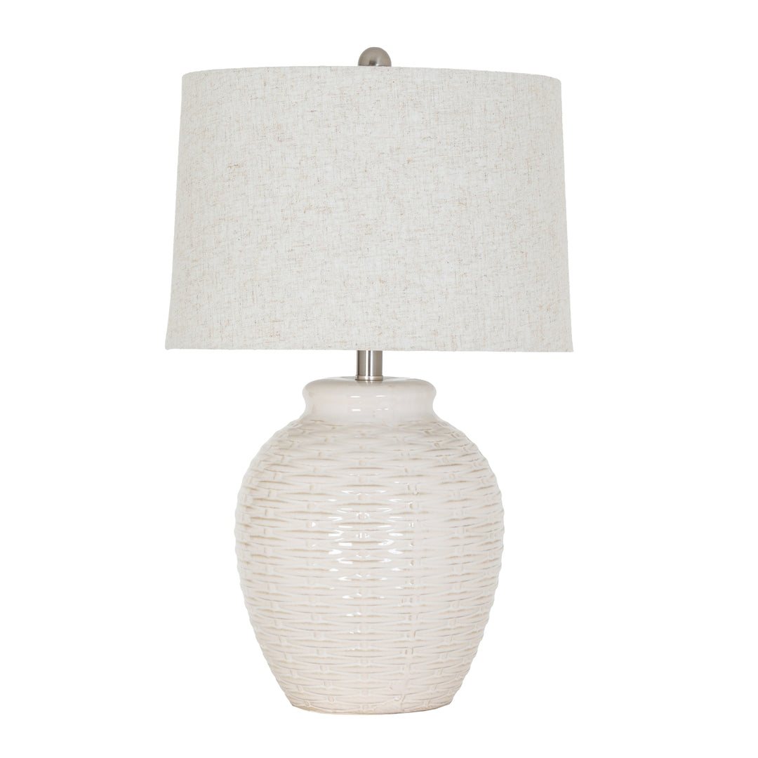 Handcrafted Warmth: Basketweave Ceramic Lamp & Linen Shade