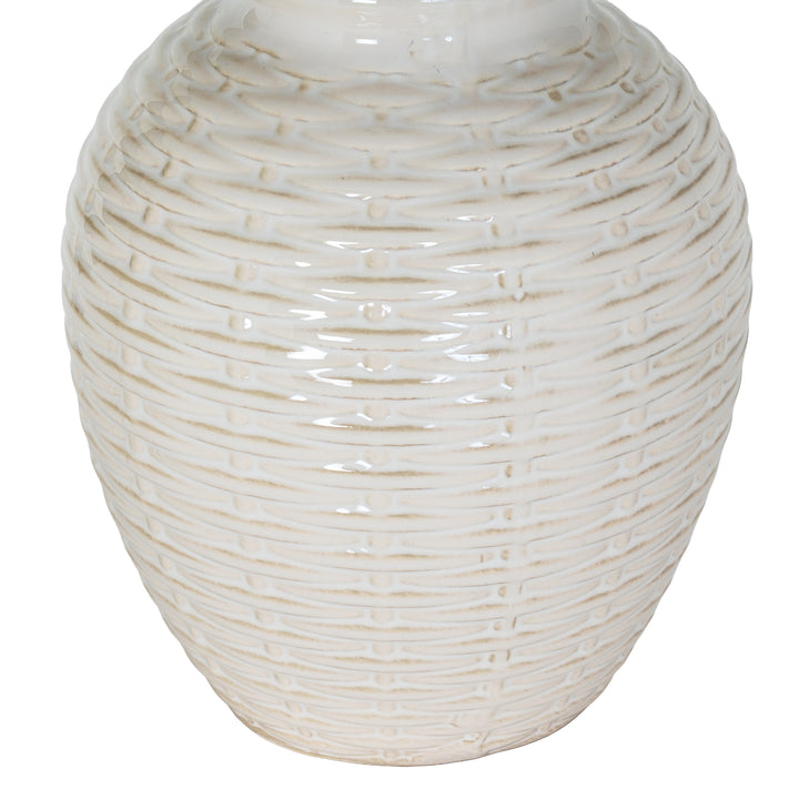 Handcrafted Warmth: Basketweave Ceramic Lamp & Linen Shade